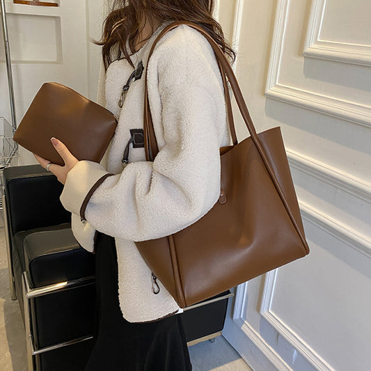 Casual Large Capacity Tote Bags For Women Fashion Solid Color Shopping Shoulder Bag With Wallet Ladies Handbag