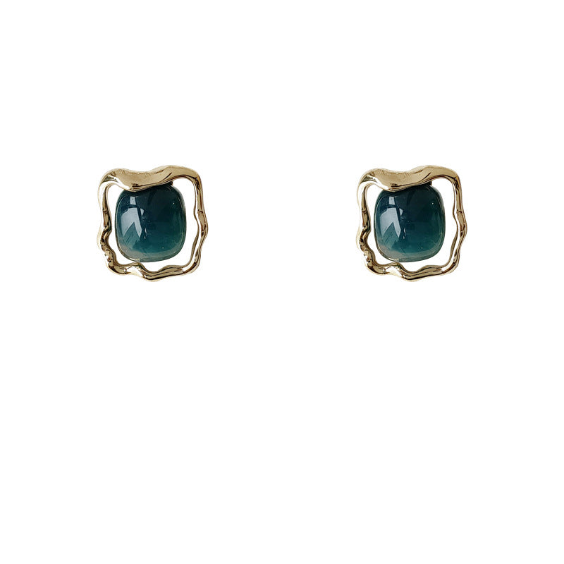 Haze Blue Retro Square 925 Silver Needle Hollow Personality Stud Earrings